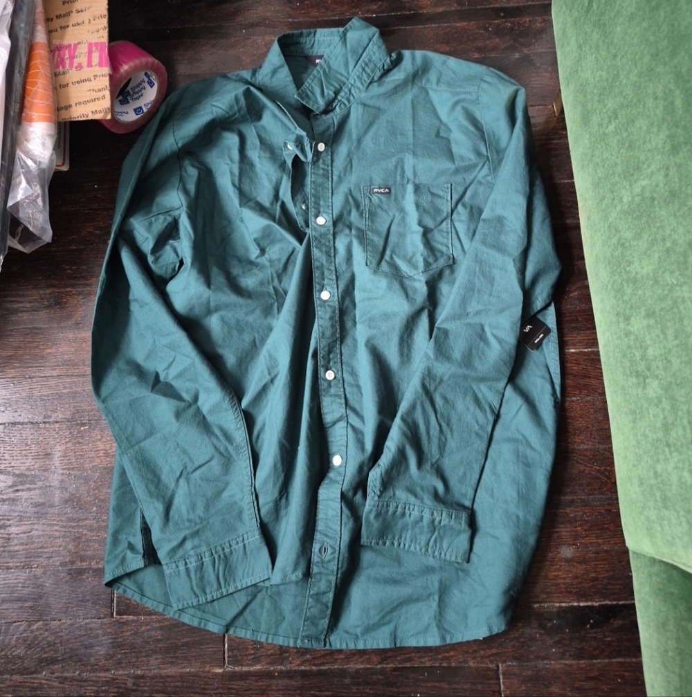 NWT RVCA Men's Douglas Green Button Down Long Sleeve Shirt Size XXL Classic..
